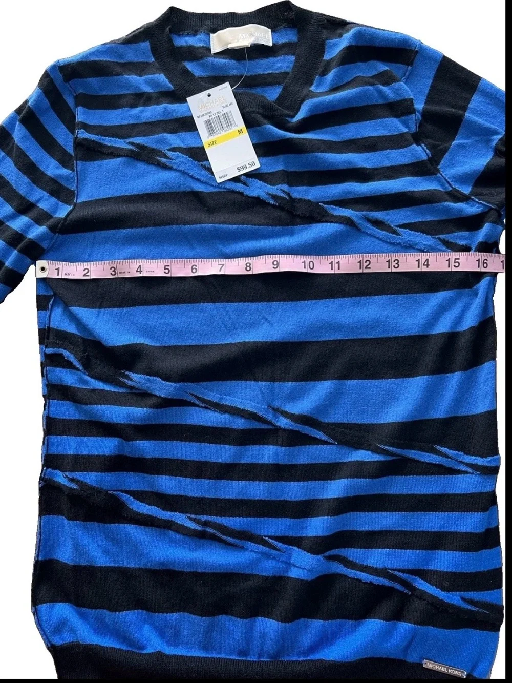 NWT Michael Kors Women’s Blue and Black Striped Crewneck  Lightweight Sweater M